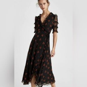 Amaryllis Black Ruffle Floral Midi Wrap Dress Medium Country Bohemian